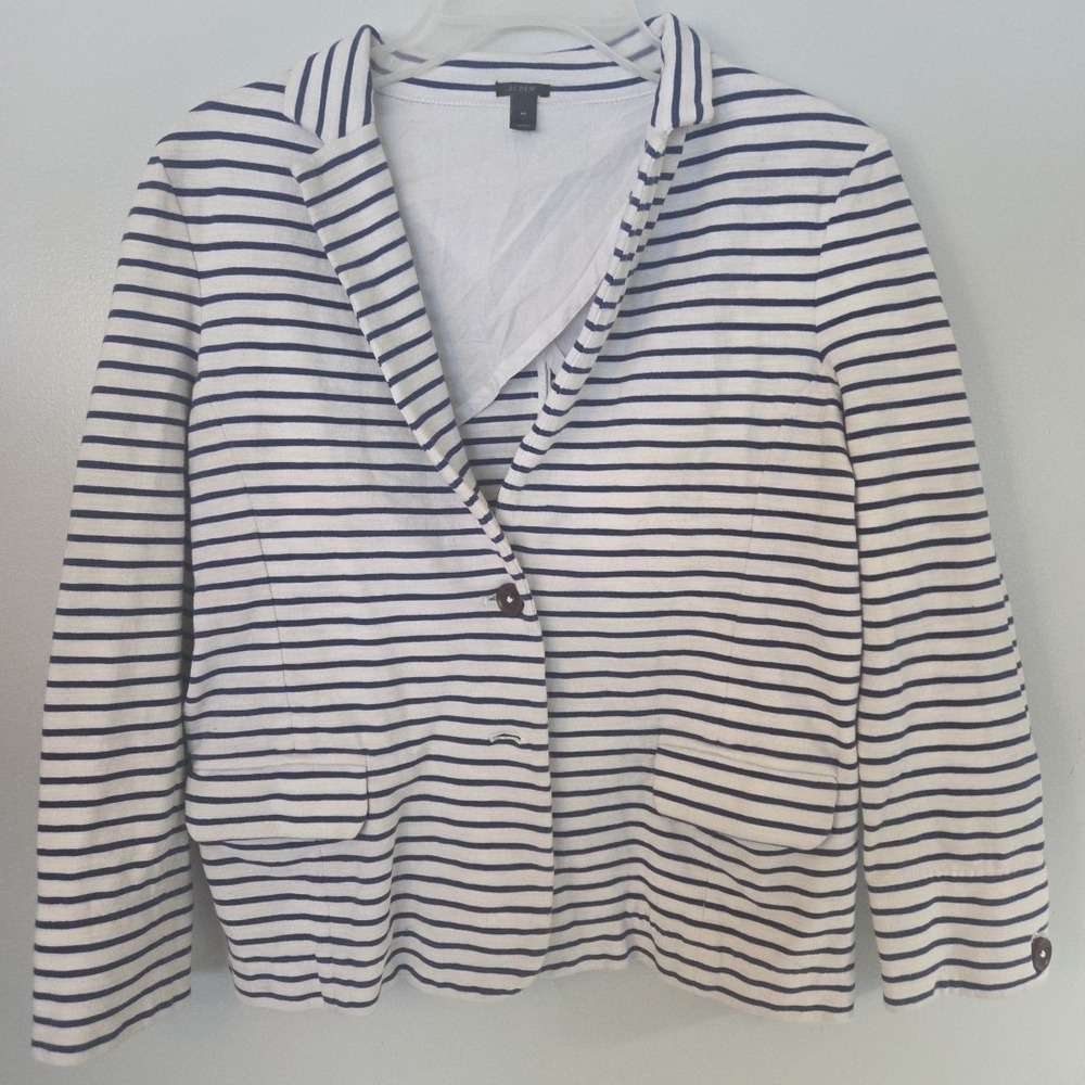 J Crew Striped Blazer Jacket Womens Size M Navy White Nautical Preppy Beachy EUC
